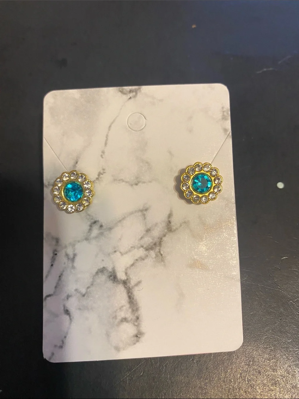 Gold and Teal Crystal Floral Stud Earrings - Women Jewelry